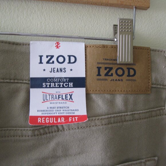 IZOD Jeans Men Ultraflex waistband Stretch Regular Fit Supersoft knit Denim Tan - Picture 8 of 15